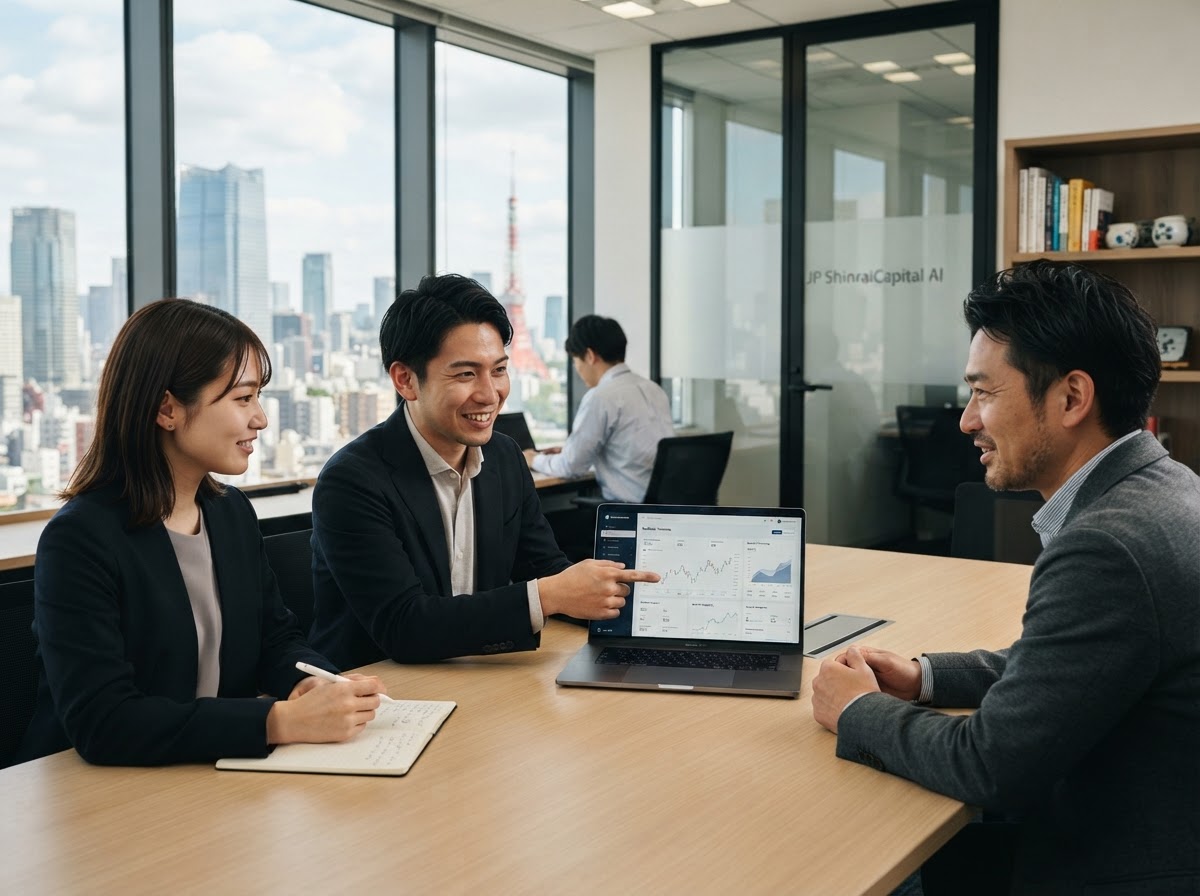 JP ShinraiCapital AI analytics team reviewing predictive model output and backtesting results